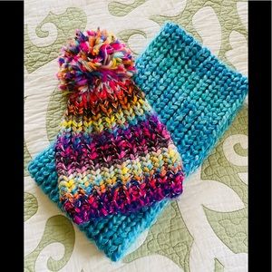 Multi color knitted cap and matching neck scarf